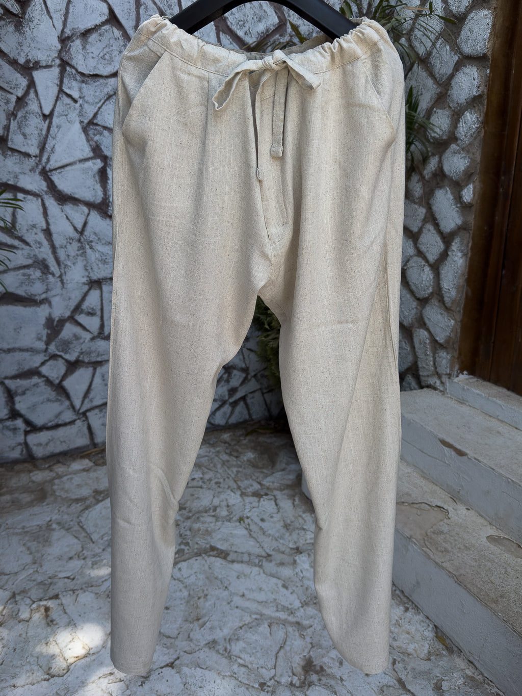 Men's Beige Wide Leg Linen Pants – Relaxed Fit |