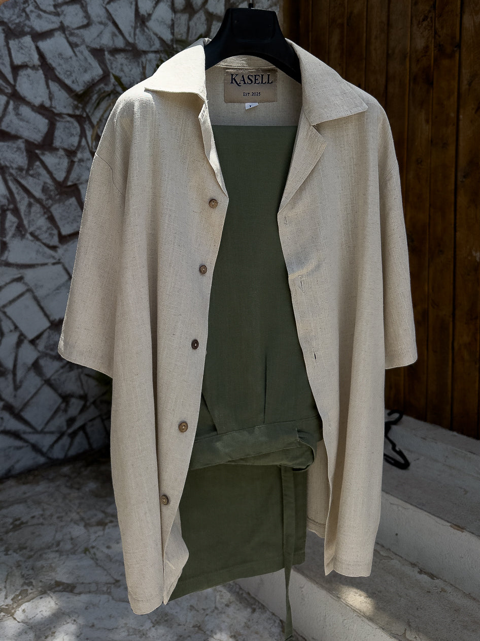 Men’s Olive Green & Beige Linen Set – Relaxed Fit | Premium Linen Fabric