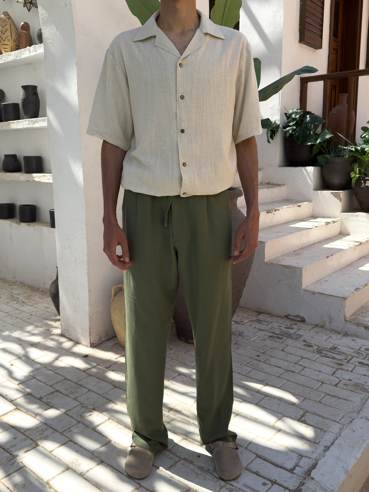 Men’s Olive Green & Beige Linen Set – Relaxed Fit | Premium Linen Fabric