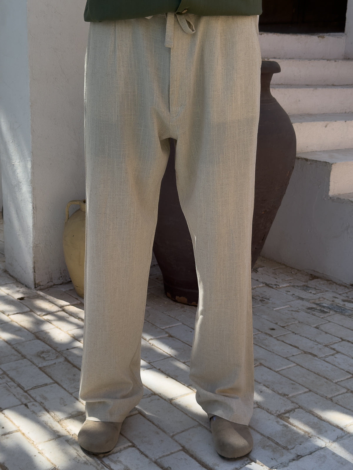 Men's Beige Wide Leg Linen Pants – Relaxed Fit |