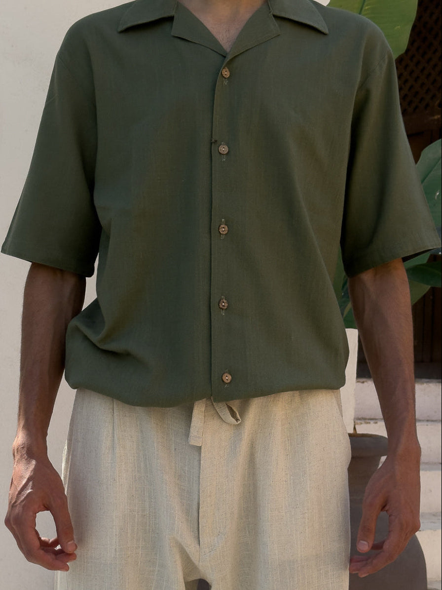 Men's Olive Green Medium Sleeve Shirt – Relaxed Fit | Linen Fabric